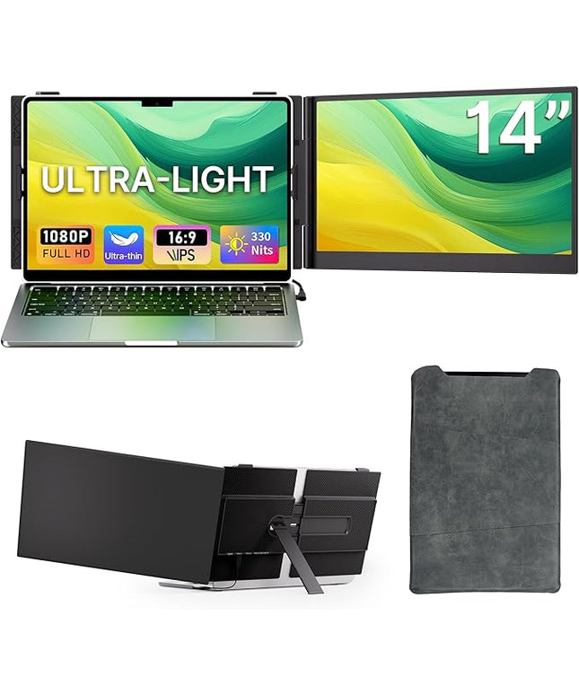 Helpnight 14" Laptop Screen Extender - Ultra Light 1.31lbs FHD 1080P IPS Portable Monitor for Laptops, Attachment Plug & Play Travel Dual Extra Display for 13"-17" Windows/Mac