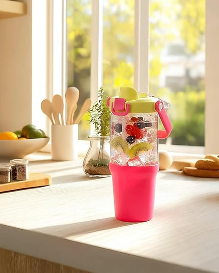 Glass Tumbler with Carry Handle, Clear Glass Water Bottle with Leakproof Lid, Spout Lid&Straw, BPA-Free, 32 oz, Bright Pink