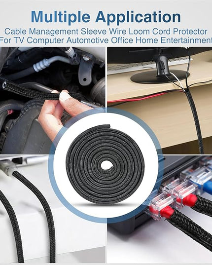 Nilight Cable Sleeve, 10ft-1/4inch Cord Management Sleeves, Braided Sleeving, Split Self Wrapping Wire Loom for Computer Electrical Automotive Harness Protector Organizer, Black