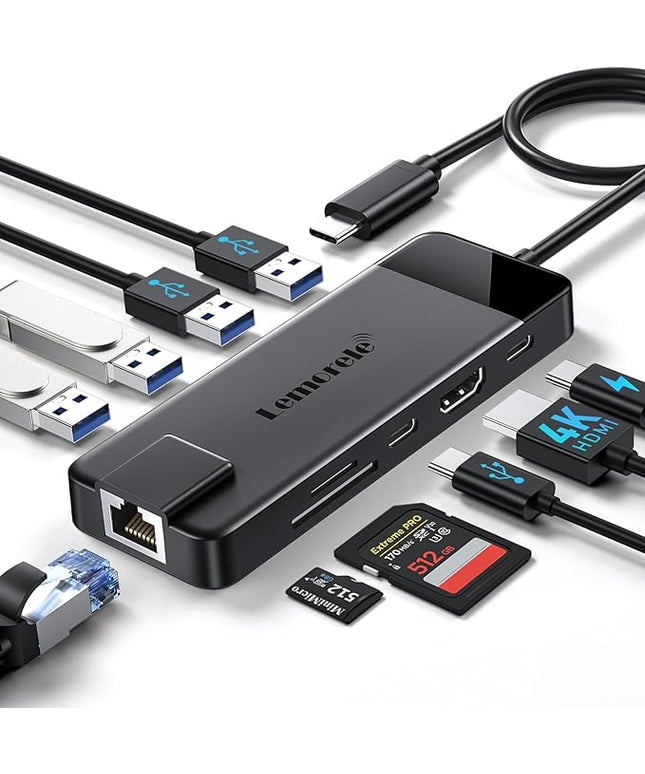 Lemorele USB C Hub Multiport Adapter 10-in-1 USB C Dongle for MacBook Pro Air, Gigabit Ethernet with 4K HDMI, 100W PD, USB 3.0 5Gbps Port, SD/TF Card Reader Adapter, Compatible for Windows/Mac/iPad…