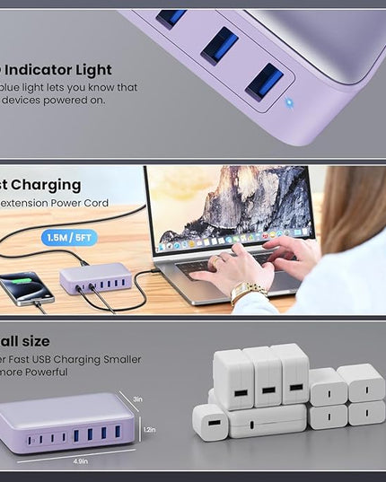 USB C Charger 200W USB C Charger Block GaN III 8-Port Fast Charging Station PD 65W Laptop Charger Adapter Compatible with MacBook Pro/Air,DELL,HP Surface,iPhone 15/14/13,Galaxy S23/22 (Purple)