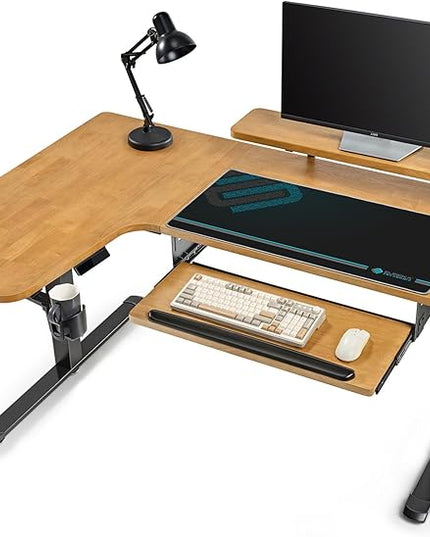 EUREKA ERGONOMIC L Shaped Standing Desk w Keyboard Tray,61" Electric Corner Standing Desk, Computer Desk w LED Monitor Stand,Dual Motor,Solid Wood,Left/Oak