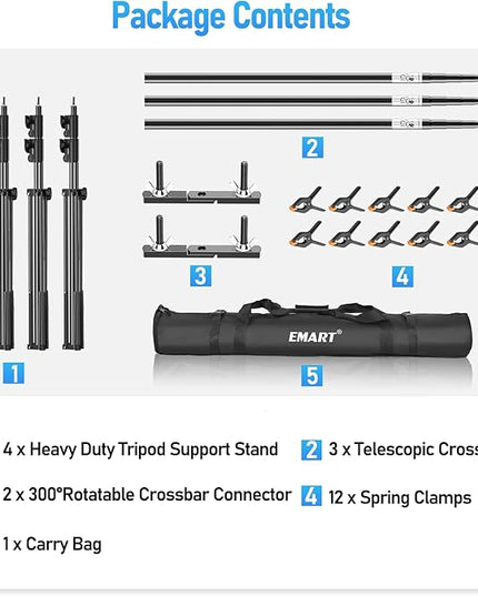 EMART Back Drop Adjustable Stand,30X10ft Backdrop Stand Heavy Duty Photography Background Support System Kit with 300° Angle Rotatable Connector and 12 Spring Clamps for Parties,Wedding,Photo Studio