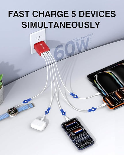 60W USB C Wall Charger, 2Pack 5-Port C Charger Fast Charging Block PD Power Adapter +QC 3.0 Multiport Type C Box Brick Cube USB A Wall Plug for iPhone 14/15/16/17 Pro Max, iPad,Samsung Galaxy(Red)