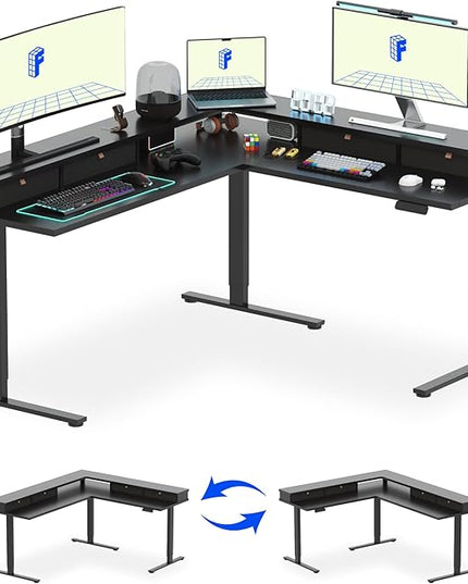 FLEXISPOT 71" Large L Shaped Standing Desk Electric Corner Table with Shelf, 4 Storage Drawers, Adjustable Computer Workstation for Home, Office, Game, Studio, Black Top + Black Frame