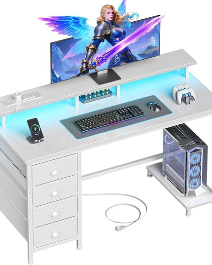 Furologee 47" White Computer Desk with 4 Fabric Drawers & Monitor Stand, Gaming Desk with Power Outlets - LED Lights, Home Office Space-Saving Study Table for Bedroom Small Spaces