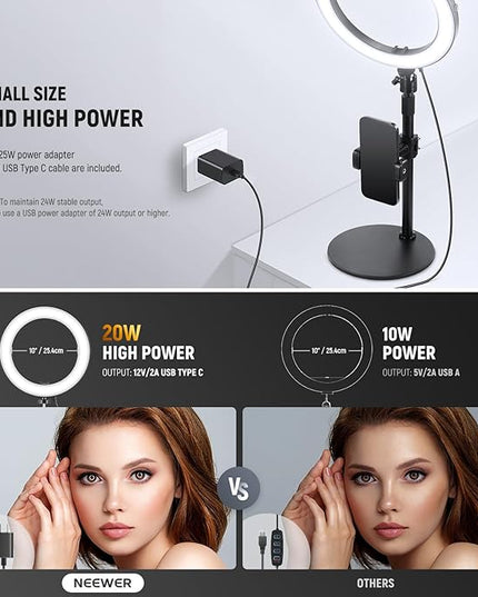 NEEWER 10" 20W LED Ring Light with Desk Stand Phone Holder for iPhone Laptop, Bi Color 2900K-7000K, USB C PD Input, CRI97+ 1660LX/0.5m, Selfie Makeup TikTok Recording Video Conference Lighting, RH10B