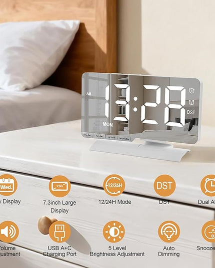 SZELAM Digital Clock,Alarm Clock Bedside,7.3'' Large LED Mirror with Date Display,Dual Alarm with 3 Mode,Brightnee Adjust,DST,Snooze Function,USB C Charging Port,5 Levels Volume for Desk Bedroom Teens