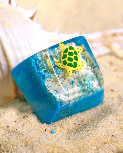 Sea Turtle Artisan Keycap Light Blue and White Coral R1 SA Profile Custom Sea Creatures Keycaps 1U ESC Handmade Gaming Resin Key Cap Cherry MX Switch Compatible Mechanical Keyboard Turtle Lover Gift