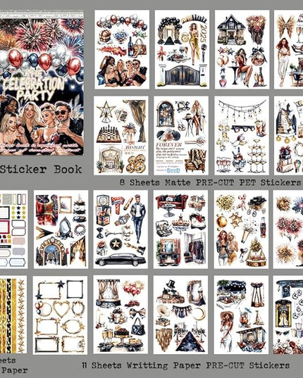 Dwpetzo Celebration Party Scene Scrapbook Sticker Book for Scrapbooking, 20 Sheets Pre-Cut PET Paper Washi Stickers for Journaling, Junk Journal Supplies, Craft Arts, Albumn, Bujo