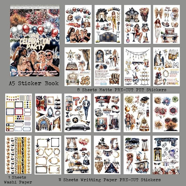 Dwpetzo Celebration Party Scene Scrapbook Sticker Book for Scrapbooking, 20 Sheets Pre-Cut PET Paper Washi Stickers for Journaling, Junk Journal Supplies, Craft Arts, Albumn, Bujo