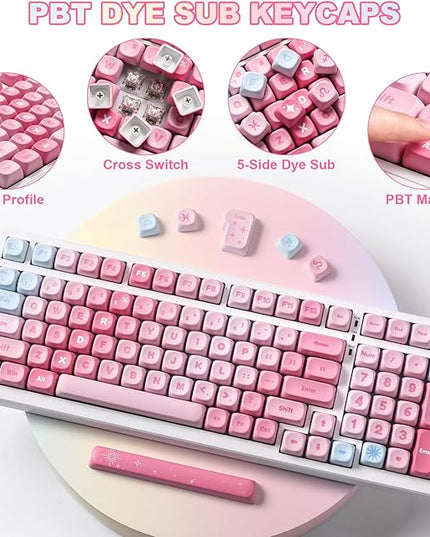 YUNZII 140 Keys MOA Keycaps, Dye-Sublimation PBT Custom Keycap Set for MOA Profile, Cute Pink Gradient Keycap for MX Switches Mechanical Gaming Keyboard(Pink)
