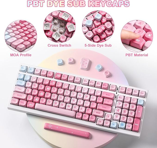 YUNZII 140 Keys MOA Keycaps, Dye-Sublimation PBT Custom Keycap Set for MOA Profile, Cute Pink Gradient Keycap for MX Switches Mechanical Gaming Keyboard(Pink)