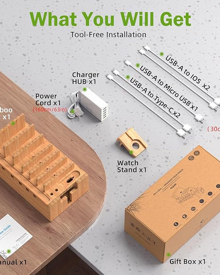 Pezin & Hulin Bamboo Charging Station for Multiple Devices with 5 Port USB Charger, 5 Cables and Watch Stand. Wood Desktop Docking Stations Organizer for Cell Phone, Tablet, Watch, Office Accessories