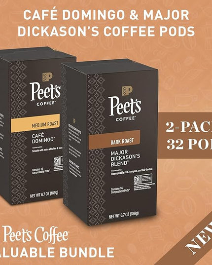 Peet’s Major Dickason’s & Domingo Coffee Pods – 32 Count (2 Packs of 16) – Dark Roast & Medium Roast Variety Pack with Bold, Smooth Flavor – Compatible with Pelecom Coffee Machines – Peet’s Coffee Pods