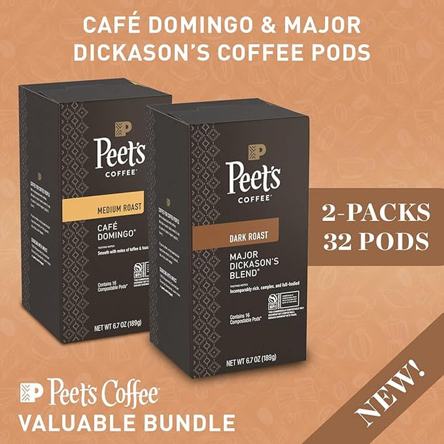 Peet’s Major Dickason’s & Domingo Coffee Pods – 32 Count (2 Packs of 16) – Dark Roast & Medium Roast Variety Pack with Bold, Smooth Flavor – Compatible with Pelecom Coffee Machines – Peet’s Coffee Pods