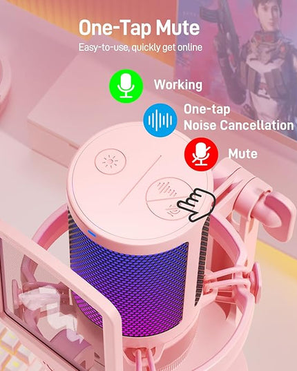 MAONO Gaming Microphone with Noise Cancellation, USB Condenser Mic for Streaming, Podcast, Twitch, YouTube, Discord, PC Desktop Computer Mic for PS5, GamerWave DGM20 Pink