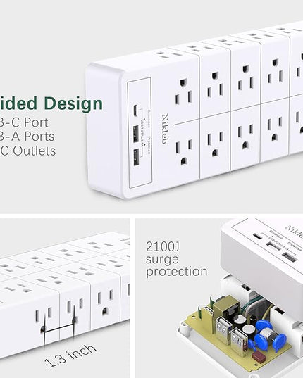 Power Strip Surge Protector 23 in 1, 6ft Extension Cord with 3 USB Ports Smart 3.1A, Multiple Outlet Adapter 20 Outlets, Outlet Extender Cord Organizer for Office, College, Apartment, Gaming Stuff