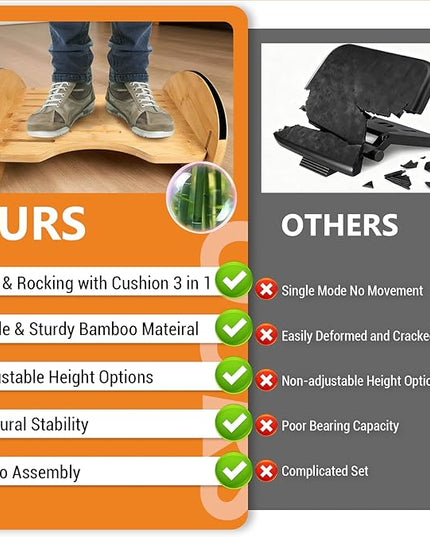 Bamboo Foot Rest for Under Desk at Work - 3-in-1 Reversible Rocking Under Desk Footrest with Foam Cushion and 6 Adjustable Heights, Ergonomic Foot Rest with Washable Cover for Home, Office and Gaming