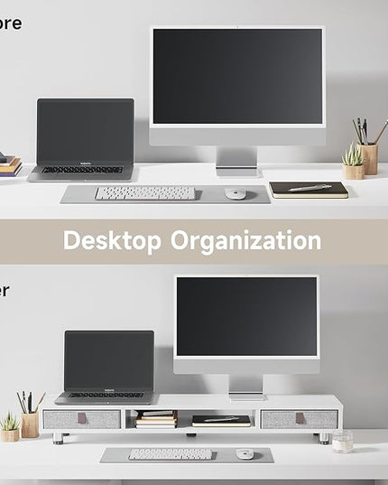 Fenge Dual Monitor Stand with 2 Drawers, 42.5 Inches Large Computer Riser for Desk, Adjustable Height Desk Shelf with Storage for Laptop, PC, TV, Printer