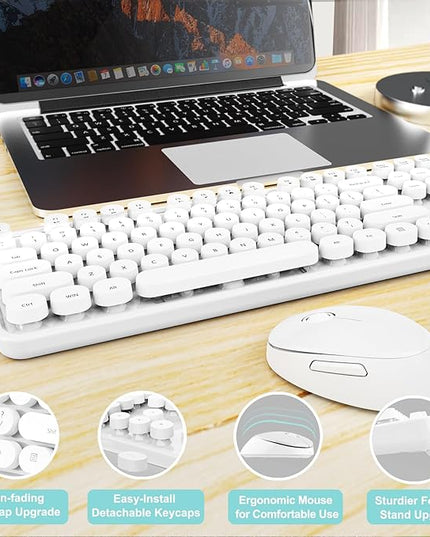 Wireless Keyboard and Mouse Combo, Ergonomic Full Size Typewriter Retro Round Keycaps Keyboard, Compatible with Windows, PC, Perfer for Home and Office Keyboards（White）