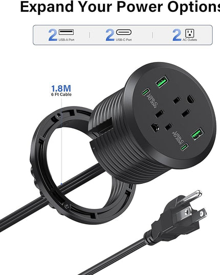 Desktop Power Grommet 3-inch Hole,40W Total Fast Charging Station, 2 PD 20W USB C Port,Flush-Mount Recessed Power Strip, 2 AC Outlets,4 USB Ports,in to The Top of Your Desk,6ft Cord