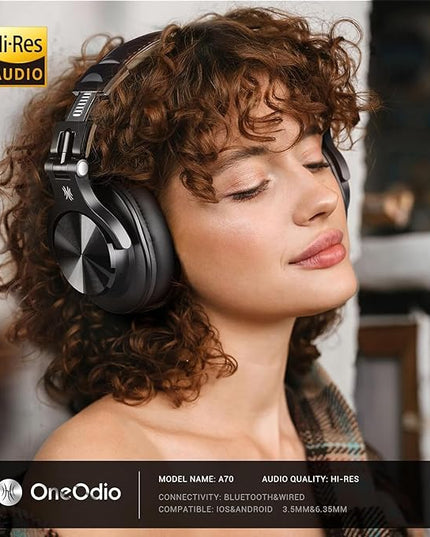 OneOdio A70 Bluetooth Over Ear Headphones, Wireless Headphones with 72H Playtime, Hi-Res, Built-in Mic, 3.5mm/6.35mm Wired Audio Jack for Studio Monitor & Mixing DJ Guitar AMP, Computer PC Gaming