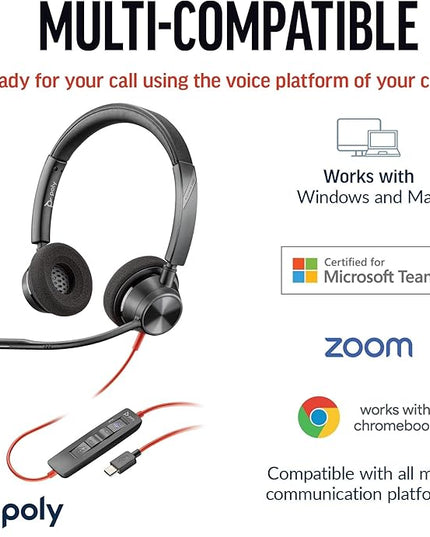 Poly Blackwire 3320 Wired Headset (Plantronics)– Flexible Microphone Boom – Hi-fi Stereo - Connect to PC/Mac via USB-C or USB-A - Certified for Microsoft Teams - Amazon Exclusive