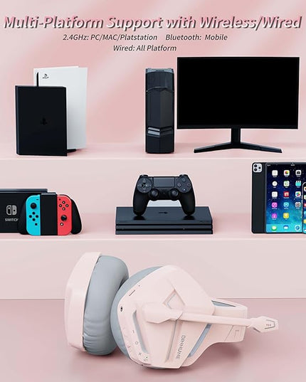 BINNUNE 2.4GHz Wireless Gaming Headset, Bluetooth 5.3 Gaming Headphones with Noise Canceling Mic, 120H Ultra-Long Battery, 50mm Drivers, Multi-Platform for PC / PS5 /PS4/ Switch/Mobile, Pink