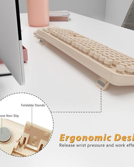 Wireless Keyboard,KOOTOP Cute Colorful 104 Keys Typewriter Retro Round Keycaps Keyboard for PC Laptop,Desktop,Windows, Home and Office Keyboards, s500 coffee