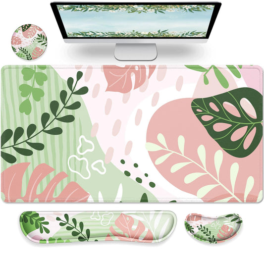 Gimars 4 in 1 Mouse Pad and Keyboard Wrist Rest Set, Large Mouse Pad with Memory Foam Wrist Support Pad for Desk with Coaster, Easy Typing Pain Relief, Gaming Office Home, 31.5x12 inch, Morandi Pink