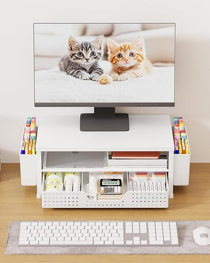 OPNICE Desk Organizers and Accessories, 2-Tier Computer Monitor Stand Riser with Drawer and 2 Pen Holders, Laptop Stand, Office Desk Accessories for Office Supplies, White