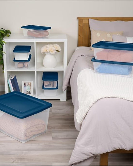 Sterilite Stackable 6 Qt Storage Box Container, Clear, Marine Blue Lid (60 Pack)