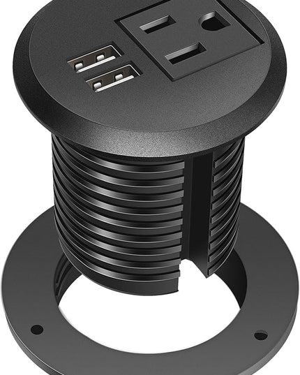 Jgstkcity Desktop Power Grommet, 2 inch, Black, 1 AC Outlet and 2 USB Ports, 6.56ft Cable, Fire Resistant Outer Shell