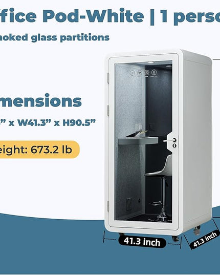 Mobile Office Pod Booth, Solo Soundproof Pod Acoustic Panels, Sound Pod Silent Ventilation, Wheels and Feet, Built-in Table, LED Lighting System, USB Ports White/Smoked Glass