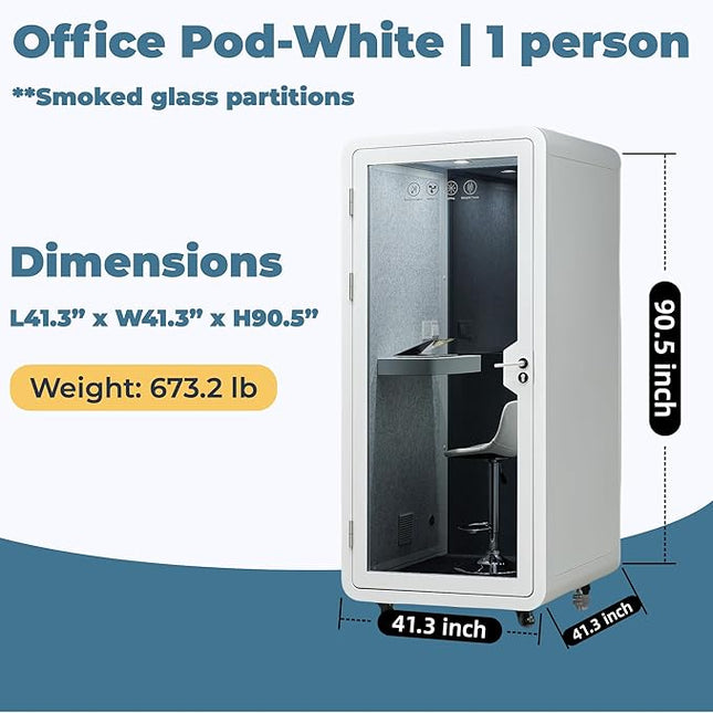 Mobile Office Pod Booth, Solo Soundproof Pod Acoustic Panels, Sound Pod Silent Ventilation, Wheels and Feet, Built-in Table, LED Lighting System, USB Ports White/Smoked Glass