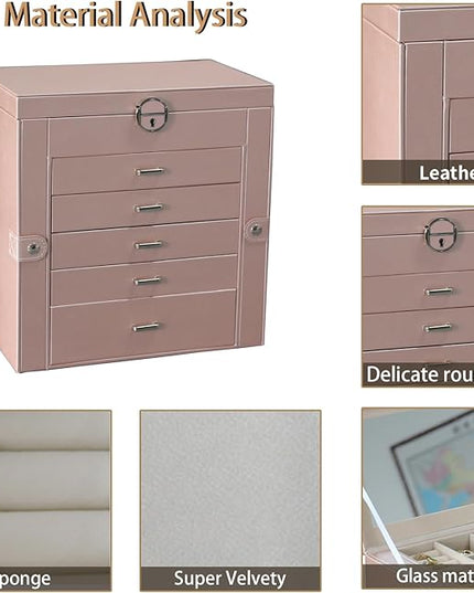 BOOVO Jewelry Box For women, 6 Layer Large Jewelry Organizer With Mirror, Multi-Function Storage Box With Lock, Accessory Holder With 5 Drawers, For Earrings Necklace Ring Bracelet (Rose Gold)