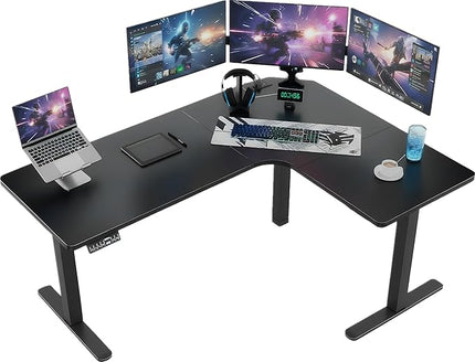 HUANUO 63″ Dual Motor L-Shaped Standing Desk, Built-in Power Outlets, Electric Height Adjustable Corner Computer Desk, Large Power Strip Holder, Sit Stand Up Desk with 3 Preset Heights, Black