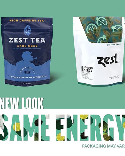 Zest 150mg High Caffeine Energy Loose Leaf Blend - Earl Grey Black Tea - 4 Oz - Hot or Iced - All Natural Strong Flavored Healthy Coffee Alternative Highly Caffeinated Substitute - Perfect for Keto