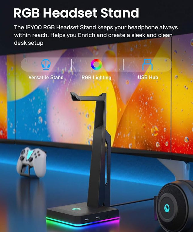IFYOO RGB Gaming Headset Stand with 2 USB Ports, Game Headphone Mount for PC, Xbox One, PS4, Switch, Earphone Holder Hanger, Great for Gaming Stations, Fancy Desk Gamer Accessories, Black