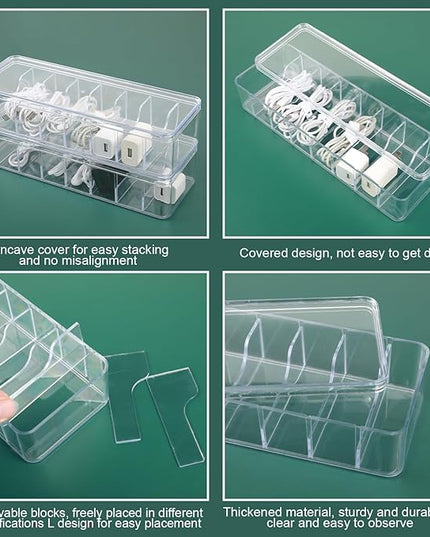 Cable Organizer Box with Lid, 3 Pcs Clear Cord Storage Organizer with 30 Cable Ties 62 Cable Labels, Charger Organizer for Office Desk Drawer Organizers and Accessories