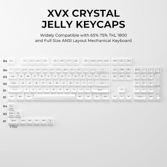 XVX White Crystal Jelly Keycaps, Clear Translucent Keyboard Keycaps OEM Profile Keycap Set Compatible with 61/68/84/87/98/100 ANSI Layout MX Switches Mechanical Keyboard