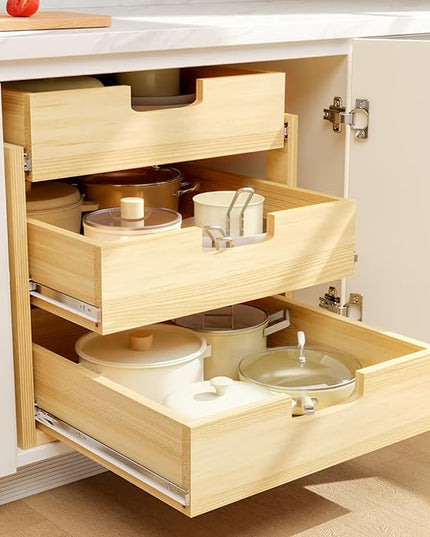 Gsskny Pull Out Cabinet Organizer, 14''W×21''D Sliding Drawers for Cabinets, 3 Tier Soft Close Slide Out Wooden Pull out Drawers, Base Cabinet Organization for Kitchen, Pantry, Bathroom