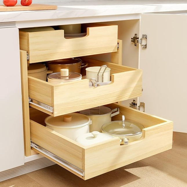 Gsskny Pull Out Cabinet Organizer, 23''W×21''D Sliding Drawers for Cabinets, 3 Tier Soft Close Slide Out Wooden Pull out Drawers, Base Cabinet Organization for Kitchen, Pantry, Bathroom