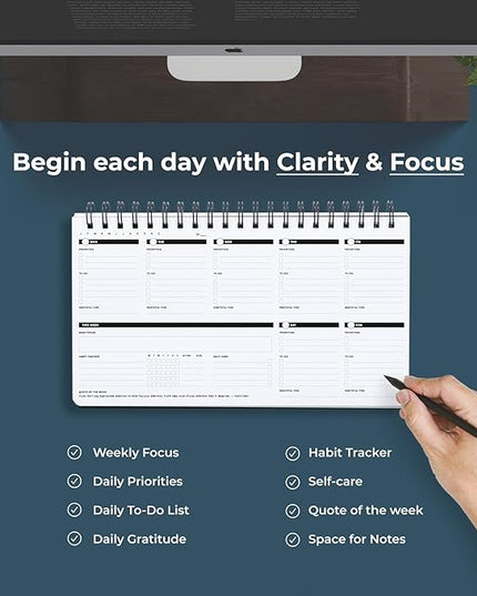 Undated Weekly Planner 2026 | Daily Agenda To Do List Notepad Day Planner Notebook | Monthly School Task, Work Schedule Planners | Yearly Horizontal Calendar Spiral Desk Organizer | Habit Tracker V2