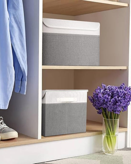 Large 17" 42 Quarts Collapsible Stackable Storage Bins with Lids [3-Pack] Foldable Fabric Linen Storage Boxes Cube, Closet Organizer Baskets with Label (16.7 x 12 x 12, Gray & White)