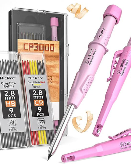 Nicpro CP3000 Carpenter Pencil with Sharpener, Construction Mechanical Pencils with 19 Refills, Heavy Duty Construction Pencil, Pink Woodworking Tools For Women, Great for Marking On Wood, Metal