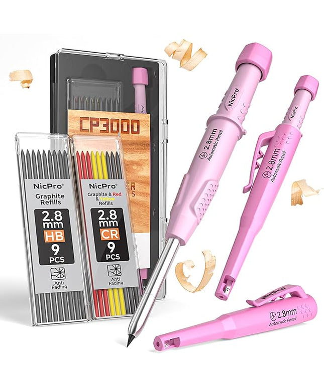 Nicpro CP3000 Carpenter Pencil with Sharpener, Construction Mechanical Pencils with 19 Refills, Heavy Duty Construction Pencil, Pink Woodworking Tools For Women, Great for Marking On Wood, Metal