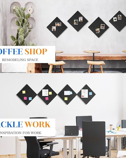 DOLLAR BOSS Felt Cork Board Tiles, 4 Packs 12" x 12" 1/2" Thick Cork Bulletin Board Self Adhesive Acoustic Panels Soundproof Corkboards for Walls with 40 Pushpins for Home Office Kitchen School, Black
