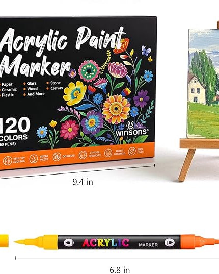 WINSONS 120 Colors Acrylic Paint Markers Dual Tip Dual Colors Brush Tip Pens for Rock Painting Supplies, Canvas, Wood, Calligraphy, Metal, Glass, DIY Crafts Art Supplies Kit (120 Colors - Dual Colors)